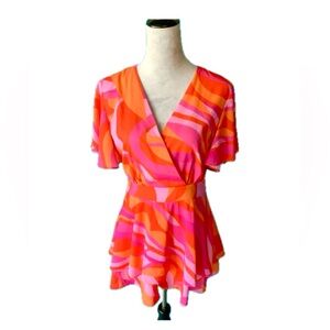 NWOT, TCEC Pink Orange Surplice Peplum Hippie 70’s Abstract Retro Layered Romper